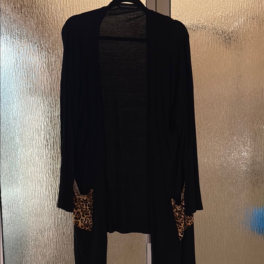 Black Cardigan with Animal Print Pockets